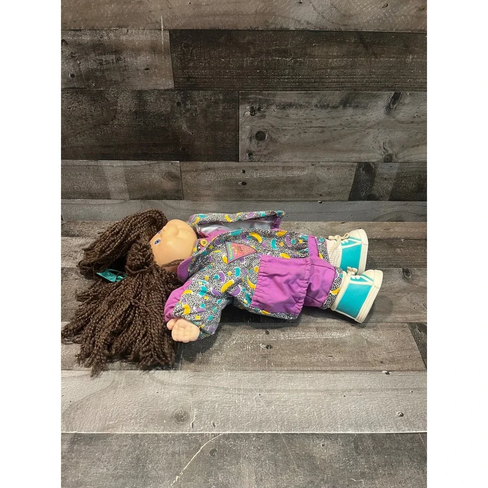 Vintage Cabbage Patch Kids Doll 90s Brown Yarn Hair Blue Eyes Purple Outfit